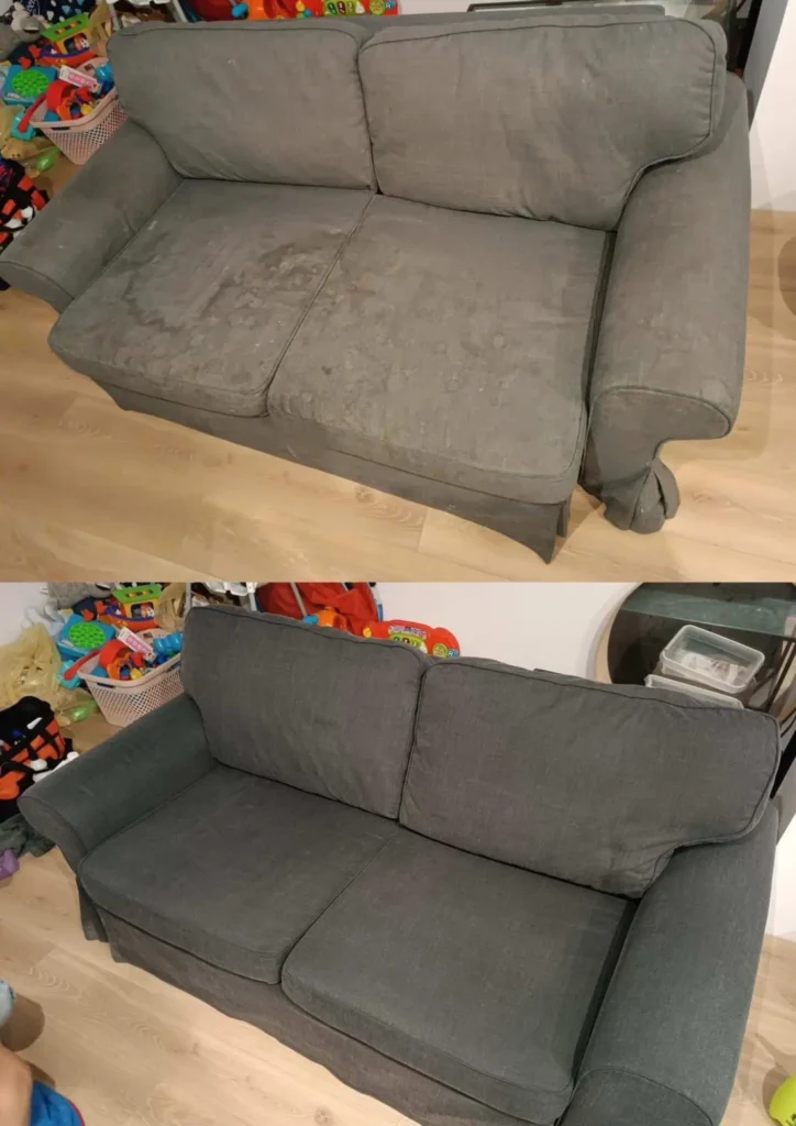 Zdjęcie z realizacji wypranej tapicerki meblowej w kanapie. Po lewej jest brudna kanapa, a po prawej czysta kanapa