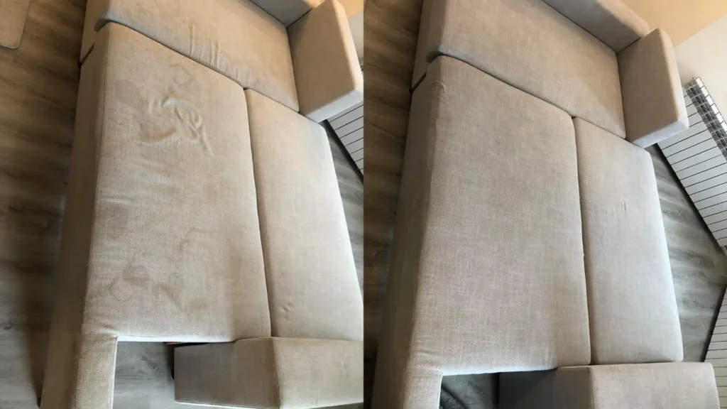 Zdjęcie z realizacji wypranej tapicerki meblowej w kanapie. Po lewej jest brudna kanapa, a po prawej czysta kanapa