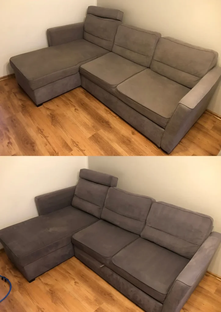 Zdjęcie z realizacji wypranej tapicerki meblowej w rogówce. Po lewej jest brudna rogówka, a po prawej czysta rogówka