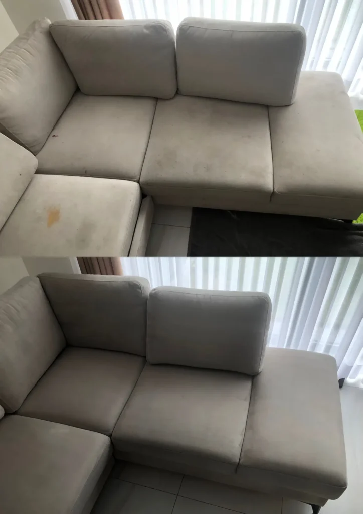 Zdjęcie z realizacji wypranej tapicerki meblowej w rogówce. Po lewej jest brudna rogówka, a po prawej czysta rogówka