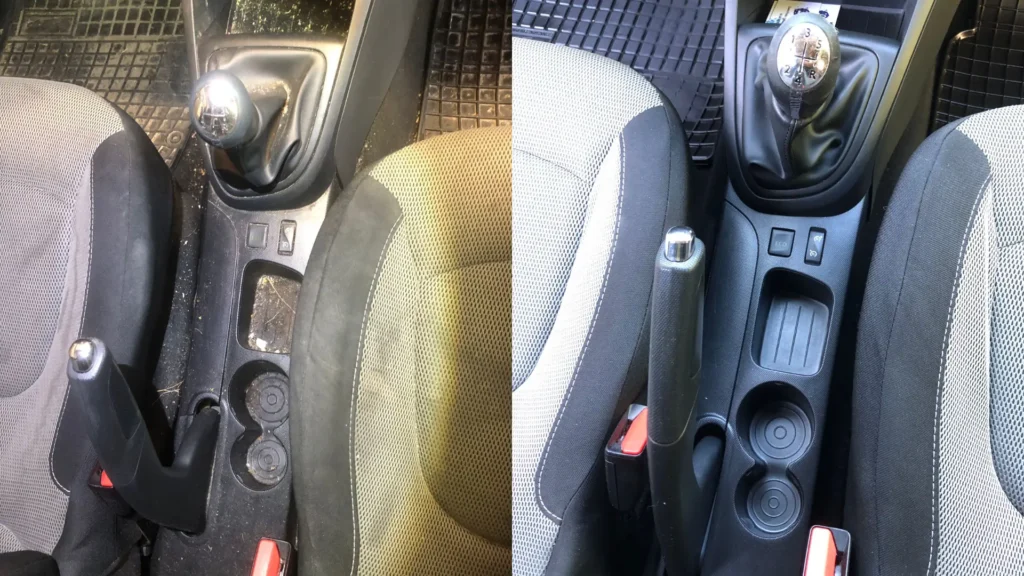 Zdjęcie z realizacji wypranej tapicerki samochodowej - fotel samochodowy. Po lewej jest brudna tapicerka samochodowa, a po prawej czysta tapicerka samochodowa