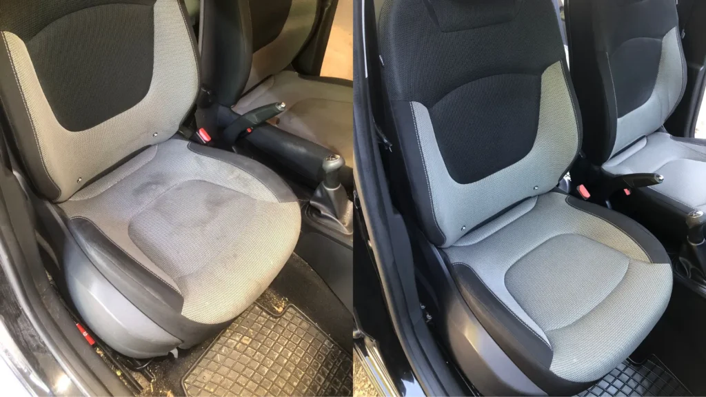 Zdjęcie z realizacji wypranej tapicerki samochodowej - fotel samochodowy. Po lewej jest brudna tapicerka samochodowa - fotel samochodowy, a po prawej czysta tapicerka samochodowa - fotel samochodowy