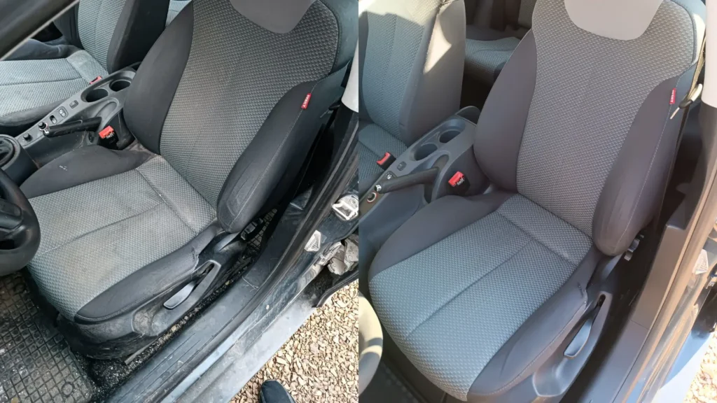 Zdjęcie z realizacji wypranej tapicerki samochodowej - fotel samochodowy. Po lewej jest brudna tapicerka samochodowa - fotel samochodowy, a po prawej czysta tapicerka samochodowa - fotel samochodowy