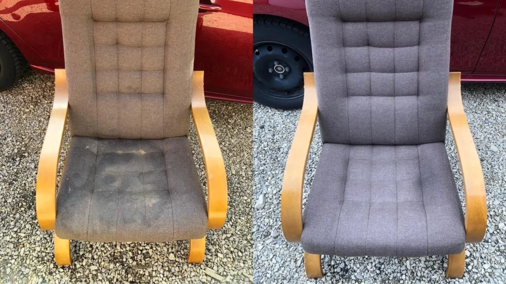 Zdjęcie z realizacji wypranej tapicerki meblowej w fotelu. Po lewej jest brudny fotel, a po prawej czysty fotel